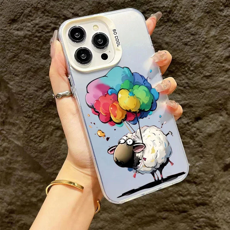 Graffiti Dog Sheep Matte Laser Phone Case For iPhone 13 Pro Max 15 13 12 11 XS X XR 7 8 14 Plus 15 Lens Protection Plating Cover