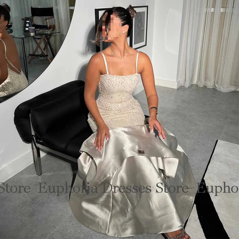 فساتين لحفلات الكوكتيل الفاخرة 2025 الساتان حورية البحر/البوق فستان المشاهير الشمبانيا ساحة الرقبة اللؤلؤ شال المتدرج Ruched فساتين لحضور الحفلات الموسيقية #5