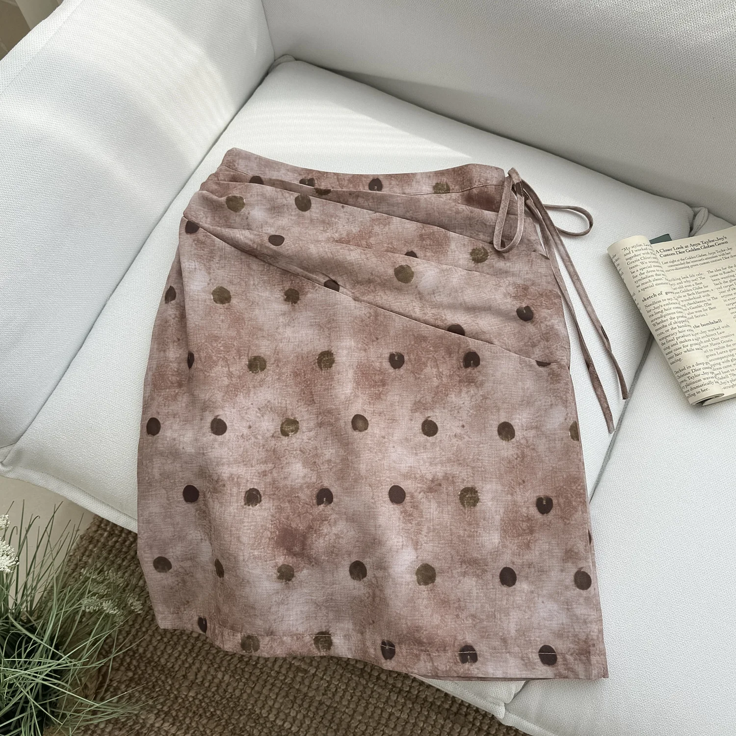 Vintage Polka Dot Midi Skirt Y2K Drawstring Ruched Washed Brown Casual A-Line Skirt