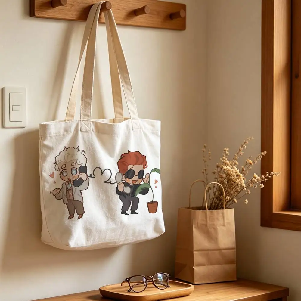 Good Omens Printed Canvas Tote Bag with Zipper for Work School and Travel