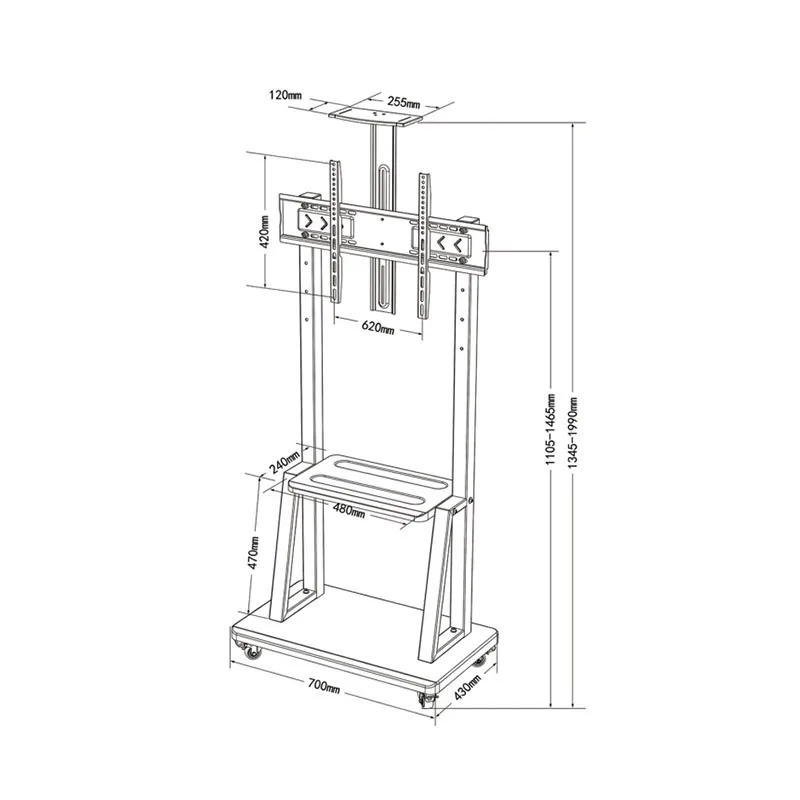70 Inch Max Load Capacity 60kg Cold Rolled Steel Mobile TV Cart with 600x400 VESA Mount for Portrait/Landscape TVs