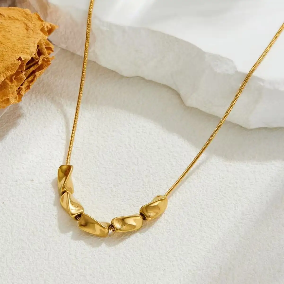316 Stainless Steel Ultra Thin Snake Chain Five Irregular Twisted Bean Bead Choker Gold Silver Minimal Cool Basic Single Necklac