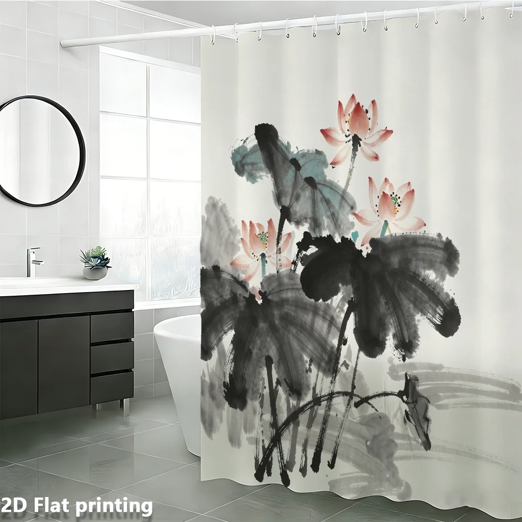 蓮の花水墨画シャワーカーテン-–-2dデジタルプリントポリエステル、グロメットトップ、72x72インチ