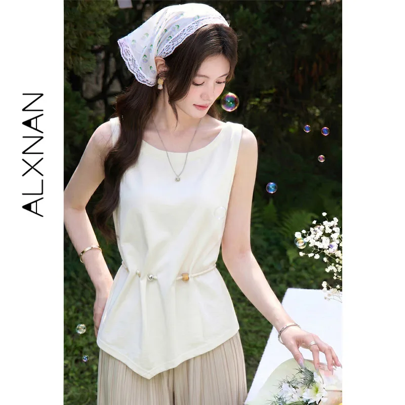 ALXNAN Solid Black T-shirt Women Elegant Short Sleeve Top Round Neck Flutter Sleeve Waist Cinched Female Summer Tees L65016-3