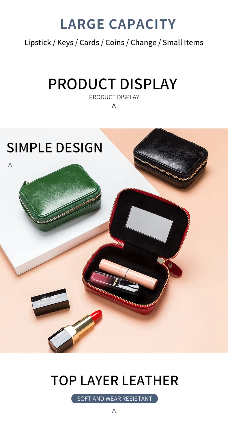Lady Genuine Leather Lipstick Square Small Bag with Mirror Cowhide Cute Makeup Bag for Women's Jewelry Box Mini Coin Storage Bag