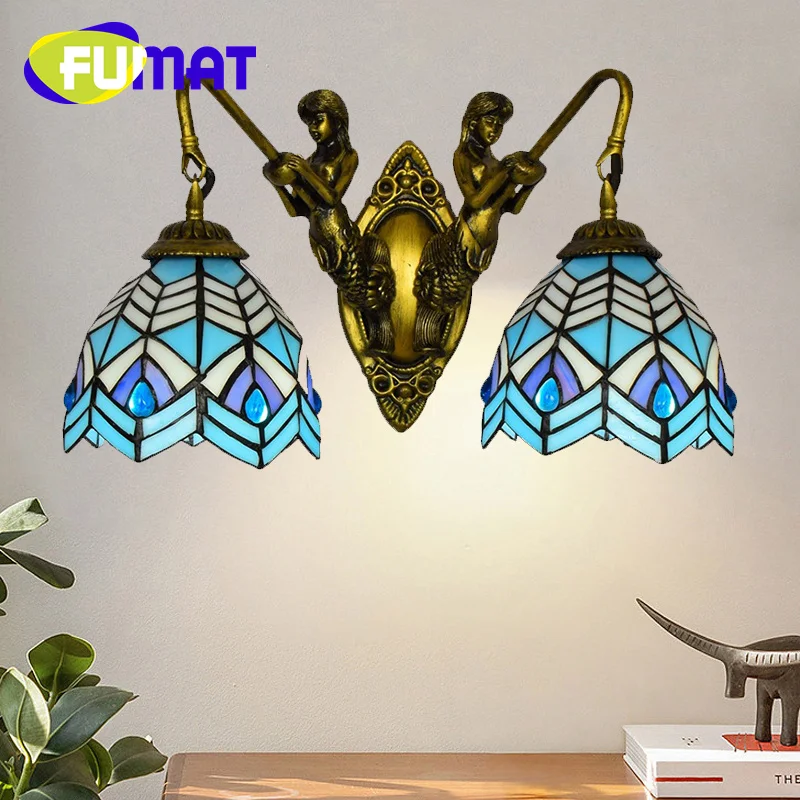 FUMAT Tiffany style stained glass simple mermaid wall light dining room bedroom swing arm wall lamp corridor balcony LED decor