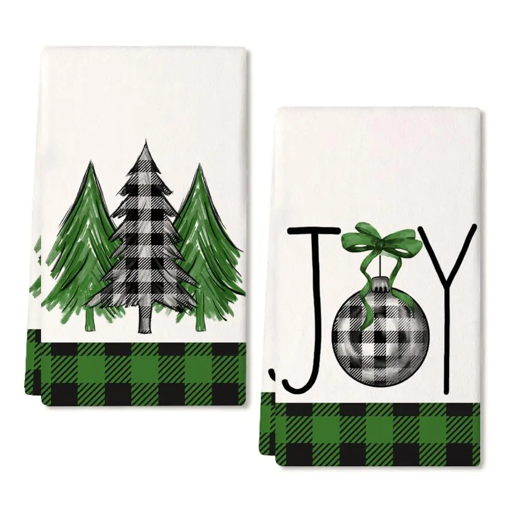 

Christmas Kitchen Towels Set of 2,Green Buffalo Plaid, Xmas Tree Dish Towels, Drying Dishcloth,Farmhouse Home Noel Decor