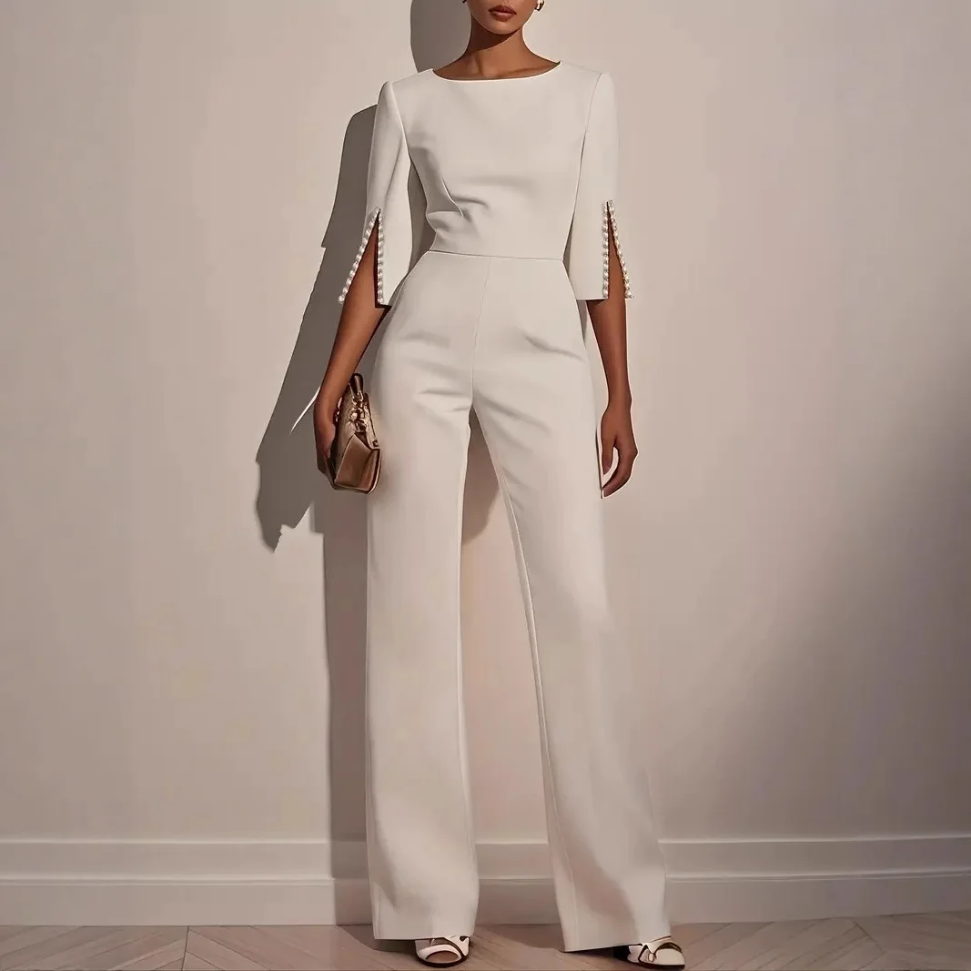 

Spring Summer Women's Slim Fit Monochromatic Beaded Decoration Jumpsuit Casual High Waist Long Pants round Neck Seven Sleeve