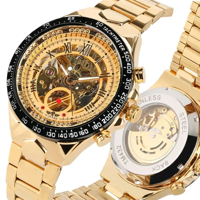 Winner Men's Automatic Self Wind Watch Skeleton Wristwatch Golden Stainless Steel Strap Watches