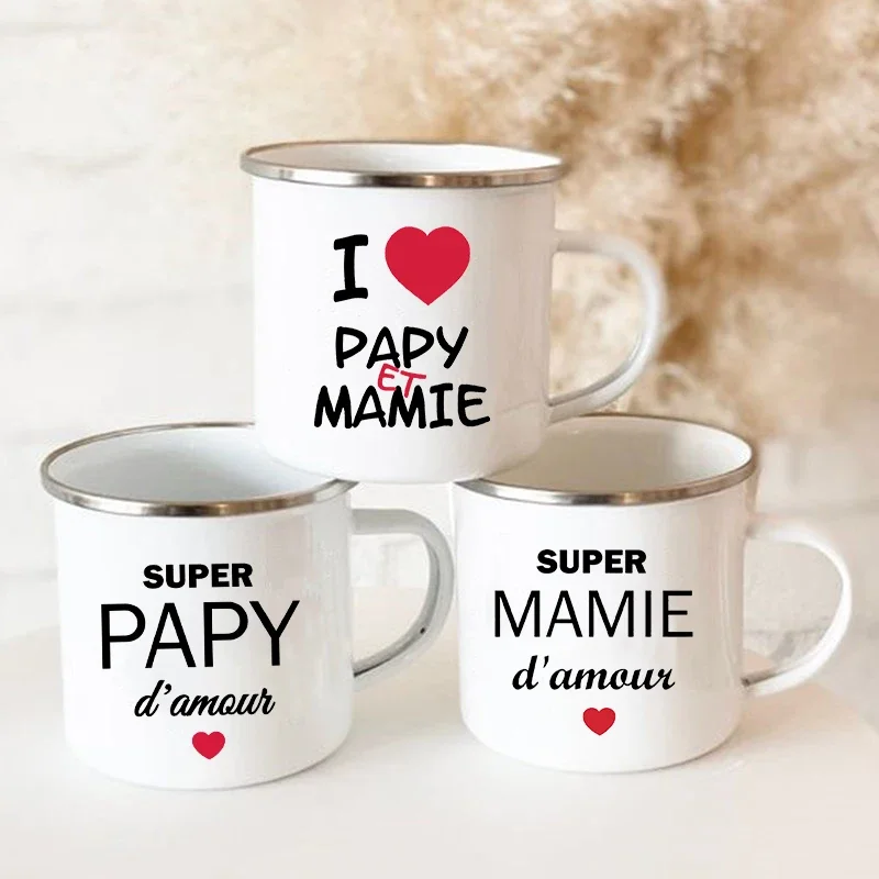 Super Papy Mamie Print Enamel Mug Creative Coffee Cups Drinks Water Milk Cup Enamel Mug Home Drinkware Gifts for Grandma Grandpa