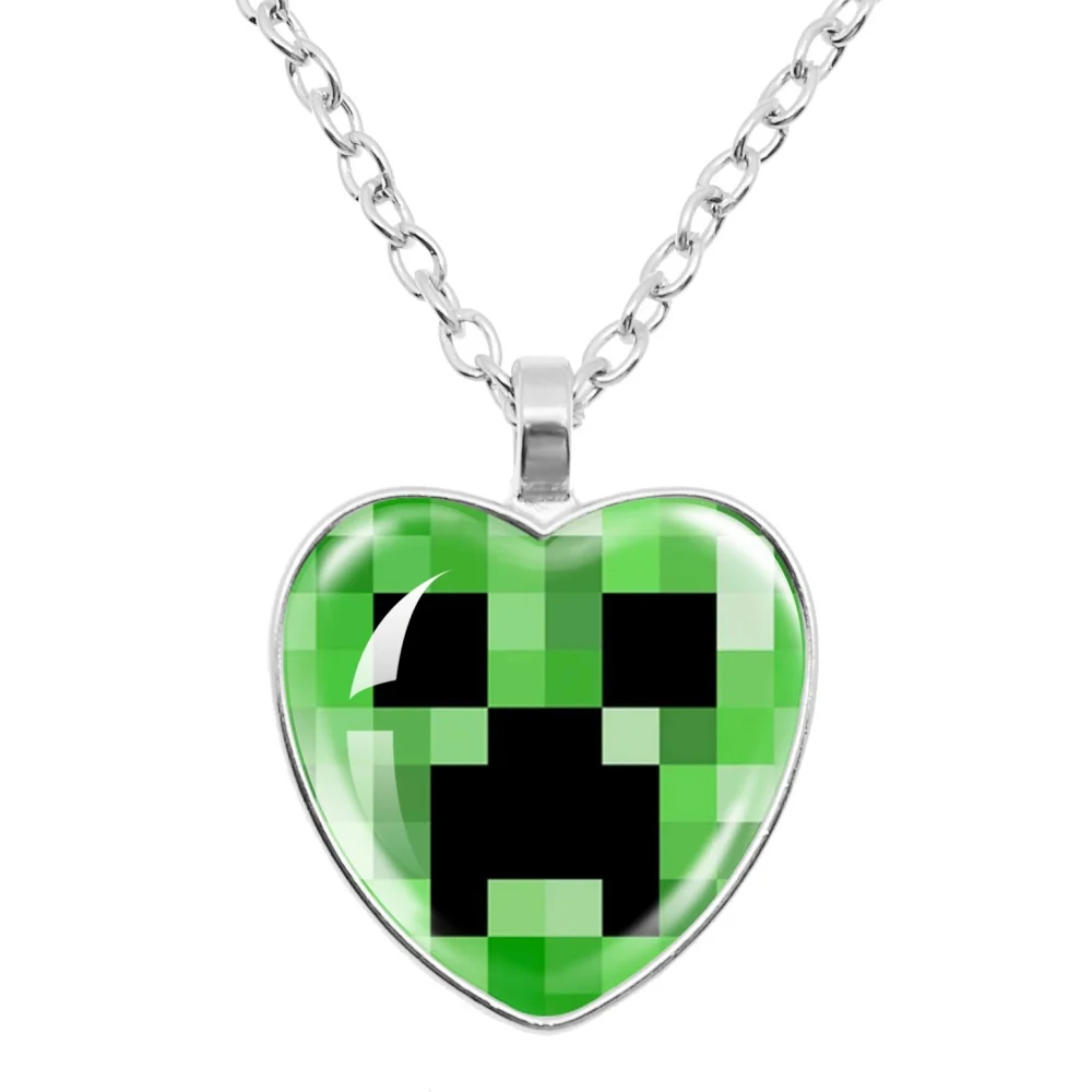 Funny Pixel Block Theme Cartoon Pattern My World Glass Heart-Shape 25mm Pendant Necklace Charm    Jewelry Accessories Gift