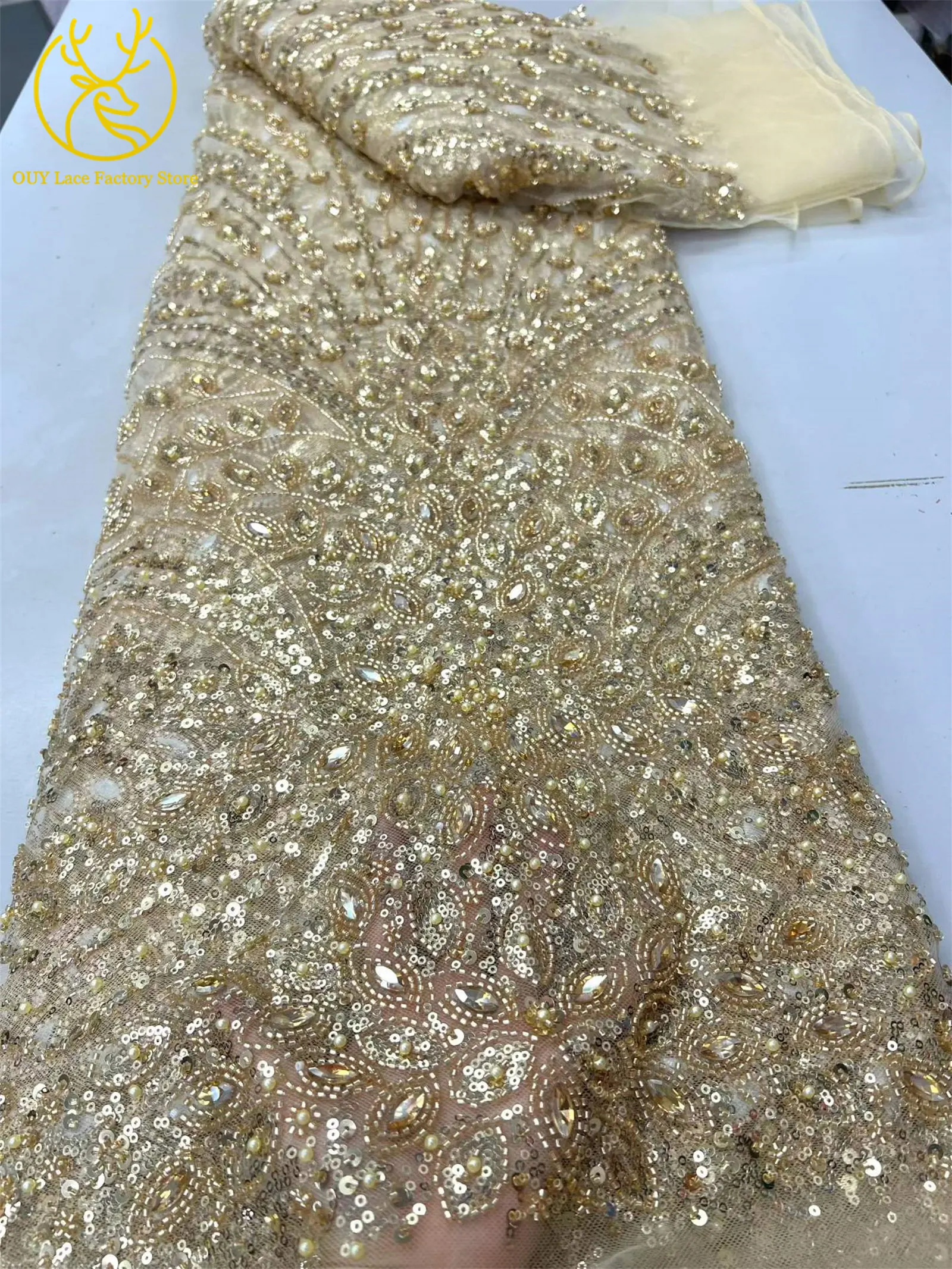 5 Yards Afrikanischer Perlen-Pailletten-Tüll-Spitzenstoff 2026 Hochwertiger Nigerianischer Steinbesetzter Spitzenstoff Grüner Spitzenstoff für Abendkleider – Detail 12