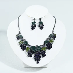 ICEYY Luxury Vintage Plant Purple Grape Green Leaf Choker Necklace Earrings Set For Women Wedding Jewellery Gift Daily Wear