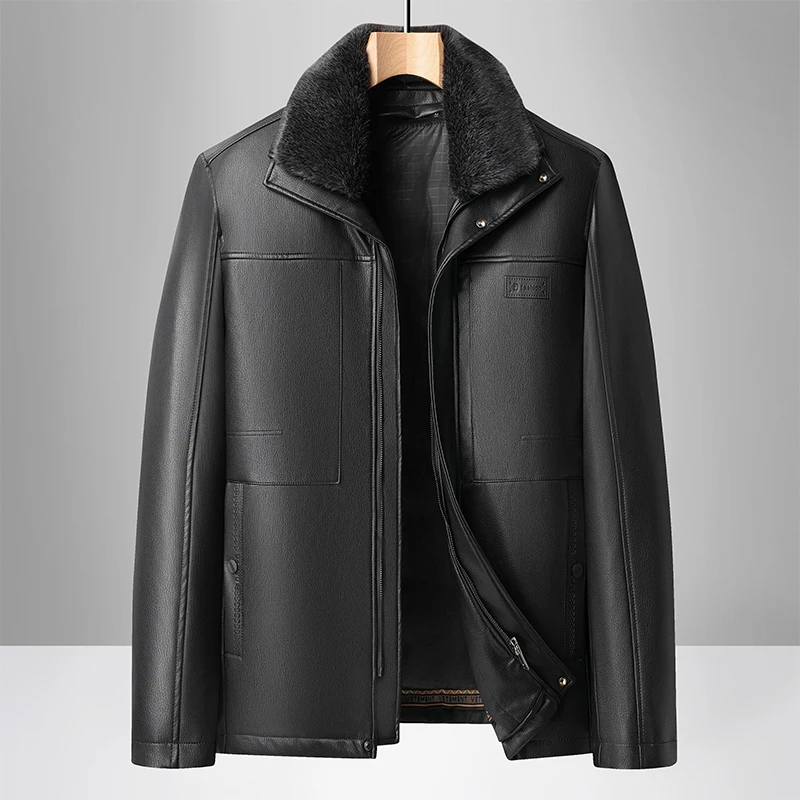 

Winter Detachable Leather Jacket for Men Fashion Faux Fur Collar Leather Jackets Casual Business Thick and Warm Leather Jackets