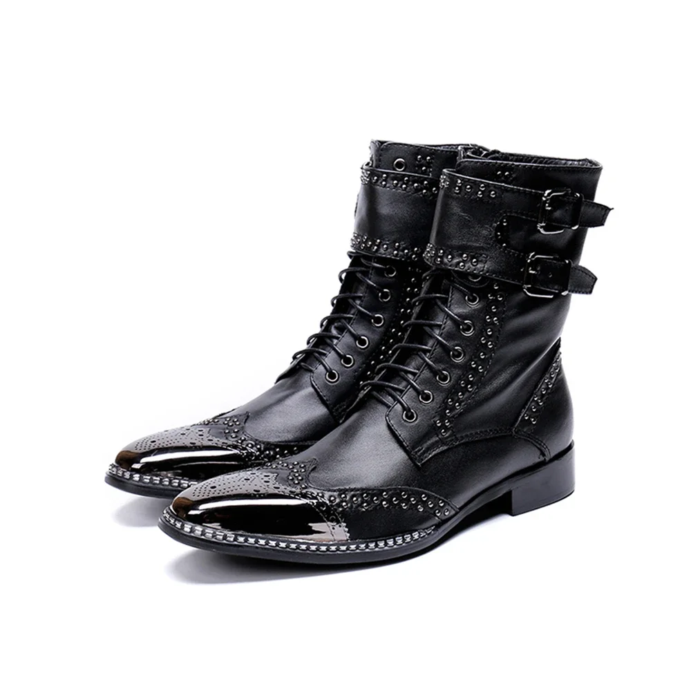 Black With Metal Zipper Buckle Bordered Lace Up Genuine Leather High Heels Pointed Toe Boots Male Plus Size Party Cowboy Shoes