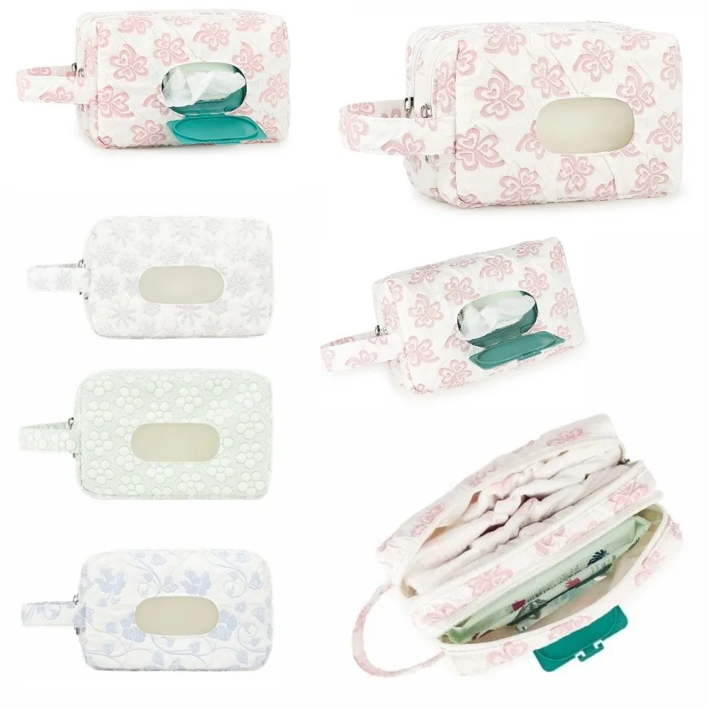 2-in-1 Baby Diapers Storage Pouch Wide Opening Double Zippers Stroller Storage Bags with Handle Flower Pattern Diaper Holder