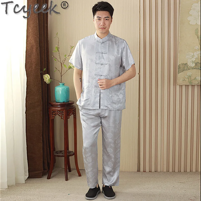 Tcyeek-trajes de seda de morera para hombre, camisas blancas de manga corta, Top de verano, ropa informal, pantalones largos, 100%, 2024