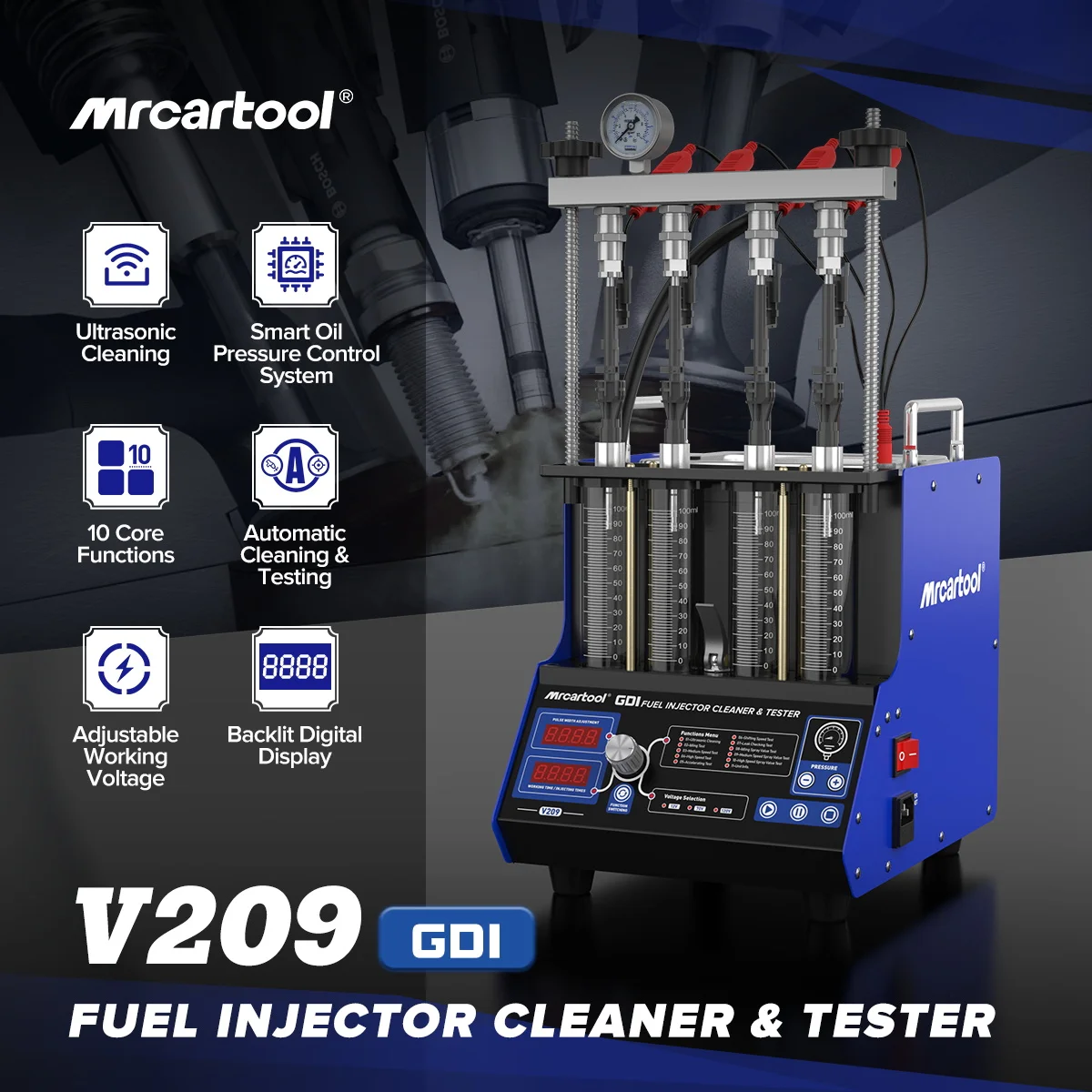MR CARTOOL V209 GDI Fuel Injector Cleaner Tester 4 Cylinder Ultrasonic Cleaning Machine EFI FEI Automotive Car Diagnostic Tool 110V