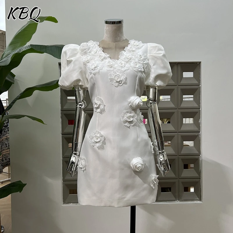 

KBQ Solid Spliced Appliques Slimming Dresses for Women V Neck Short Sleeve High Wiast Temperament Elegant Dress Female Fahsion