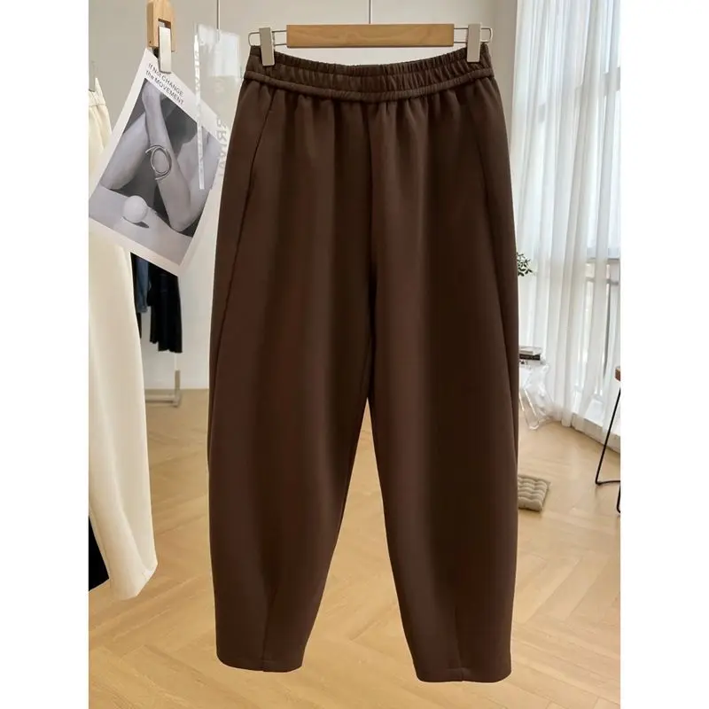 Spring Autumn New Solid Color Fashion Elastic Waist Haren Pants Women High Street Loose Pockets High Waist Wide Leg Trousers