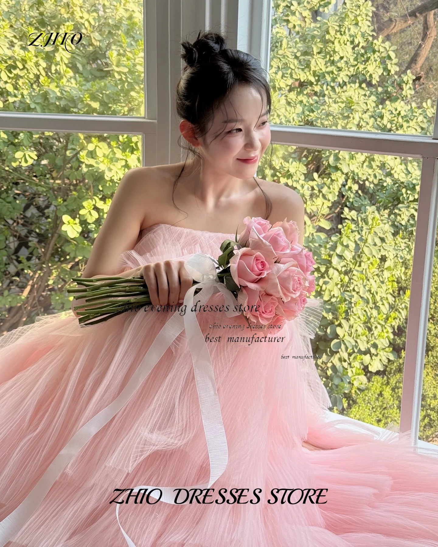 فستان ZHIO ذو طبقات وردية حالمة من التول لحفلات الزفاف الكورية بدون أكمام مشد مخصص بطول الأرض فساتين زفاف رومانسية للحديقة