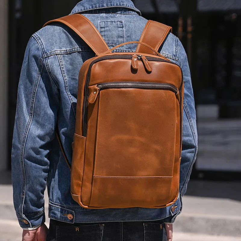 

Vintage Crazy Horse Genuine Leather Man Backpack Unisex Big Capacity 14" Laptop Rucksack Cow Leather School Bag Travel Backapack