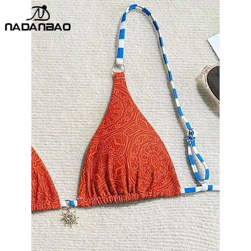 Nadanbao Sexy Print Schnür-Bikini, 2-teiliges Set, Bikini, modisch, V-Ausschnitt, Dreieck, Tanga, Bademode, Strand, lässiger Badeanzug, Sommer