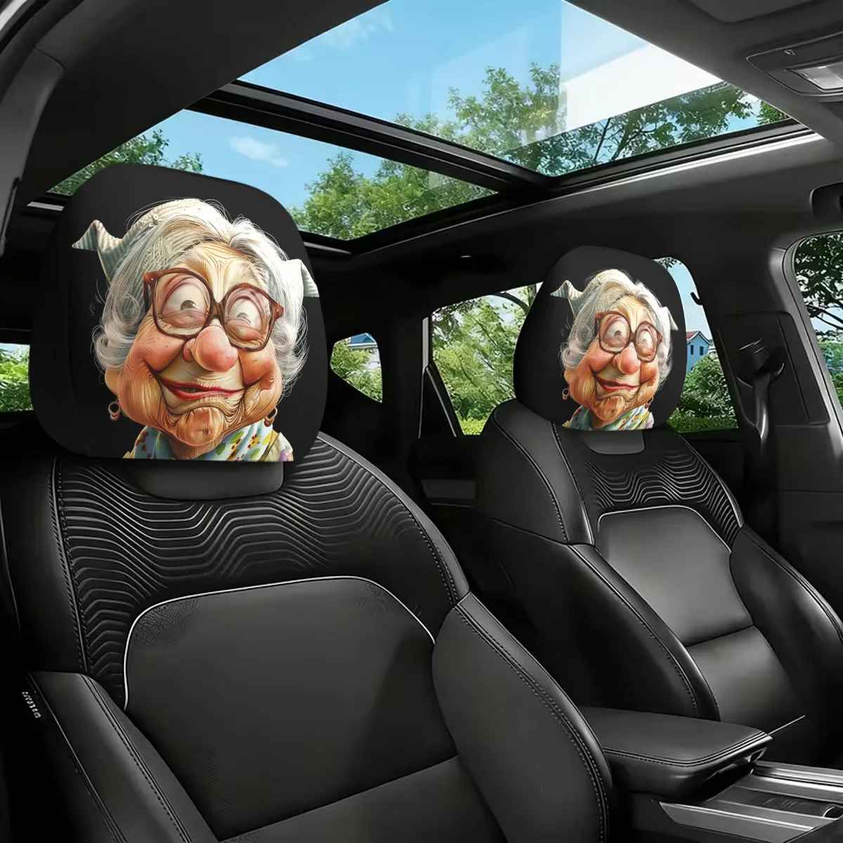 2pcs Cartoon Funny Granny Print Car Headrest Covers, Easy to Install and Remove, Perfect Funny Car Accessory,