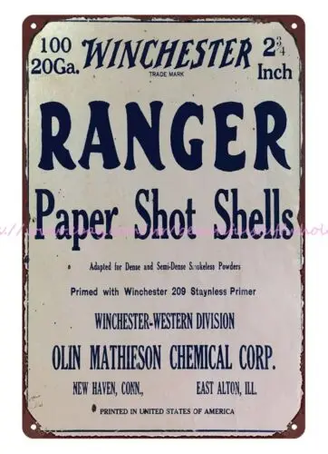 Winchester Ranger 20 Ga paper shot shells ammo hunting metal tin sign bar house