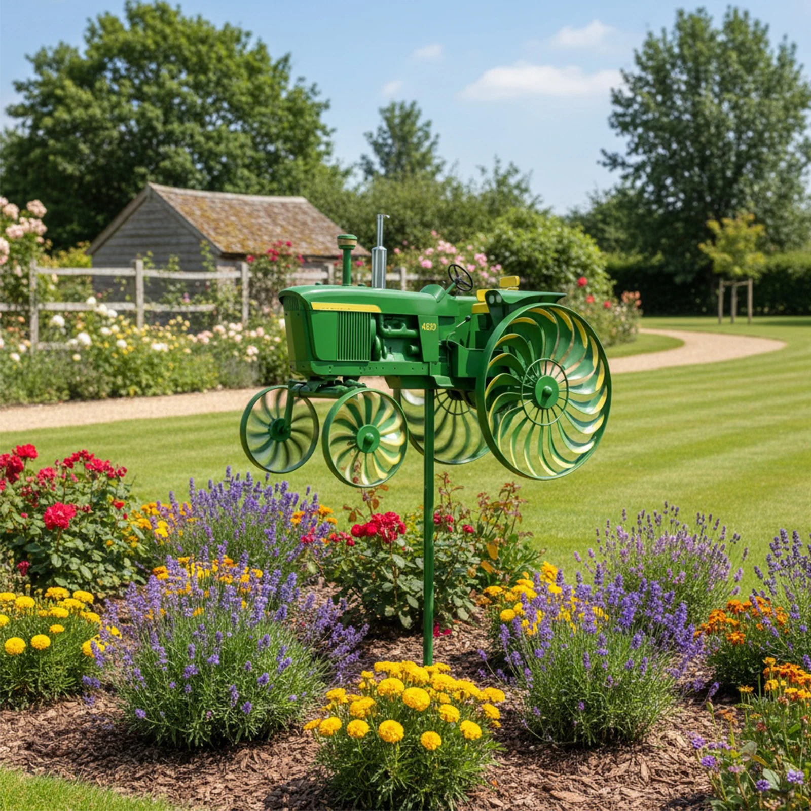 Garden windmill green tractor-shaped windmill with spinning wheels suitable for patio gardens a uniq