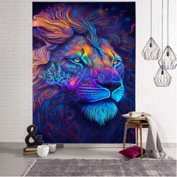 Fierce lion wall tapestry, hippie wall hanging, Bohemian style, psychedelic cartoon, dormitory bedroom animal decoration cloth