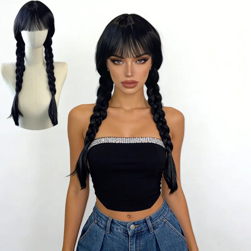 

American TV series and anime cosplay wig with full head double braids, stage performance prop