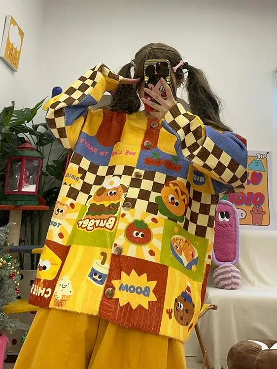 

BIBULU Ретро Бургер с принтом собаки, большой размер, открытый кардиган, свитер, верхняя одежда, осень-зима, уличный круглый свитер...