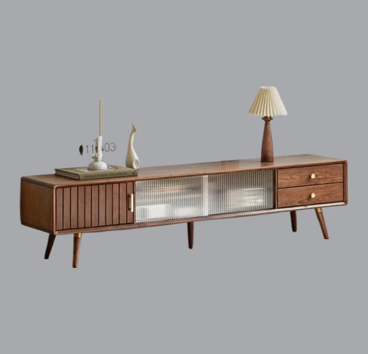 A  sale Solid wood TV cabinet living room glass simple storage black walnut floor