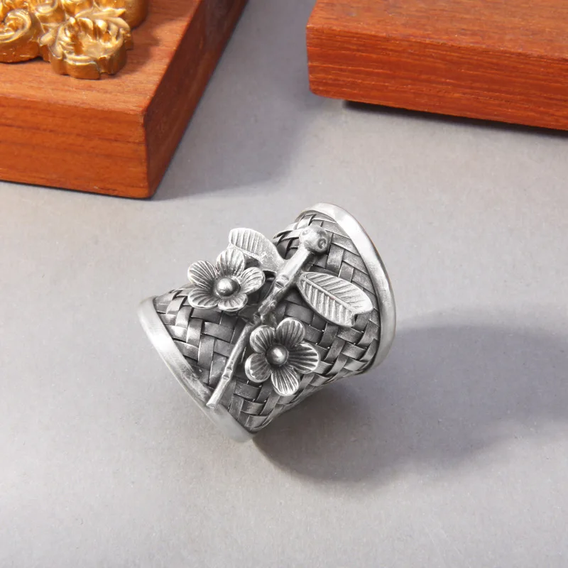 BOCAI New S925 Sterling Silver Exaggeration Three-dimensional Dragonfly Flowers Leaves Weaving Openings Rings.