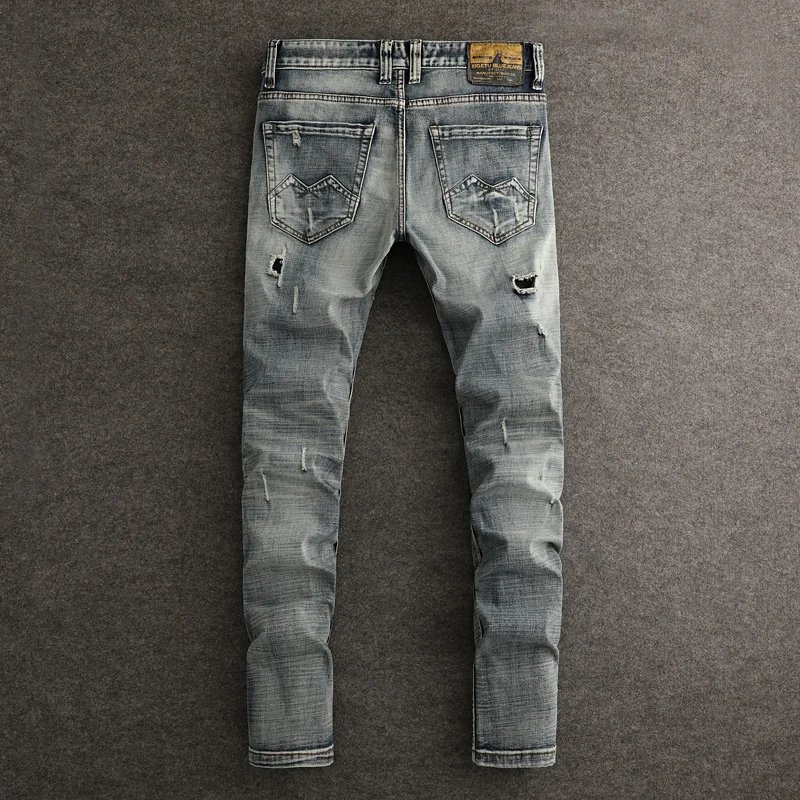 

Street Designer Fashion Men Jeans Retro Washed Blue Stretch Slim Fit Patched Ripped Jeans Men Y2K Embroidery Vintage Denim Pants