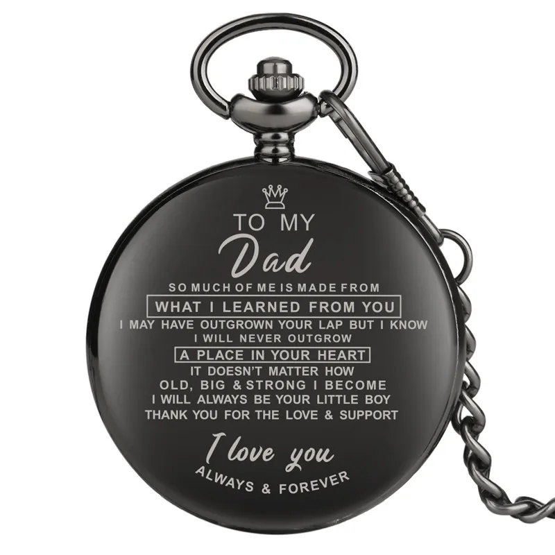 Creative I LOVE YOU To My Dad Theme Men's Quartz Pocket Watch Souvenir Gifts for Father Pendant Chain Arabic Number Clock