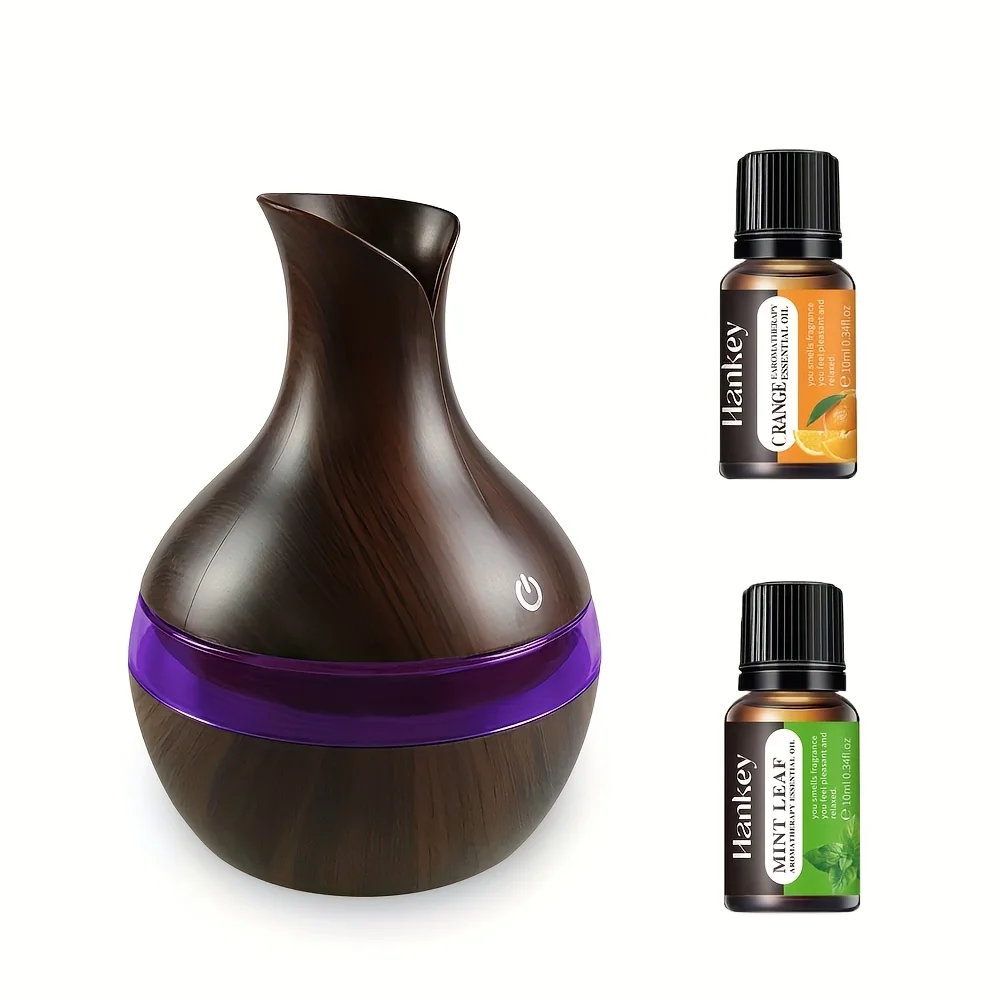 Elegant USB-Powered Wood Grain Humidifier with Touch Control - 10.14oz Aromatherapy Oil Diffuser Featuring Night Light, Includes