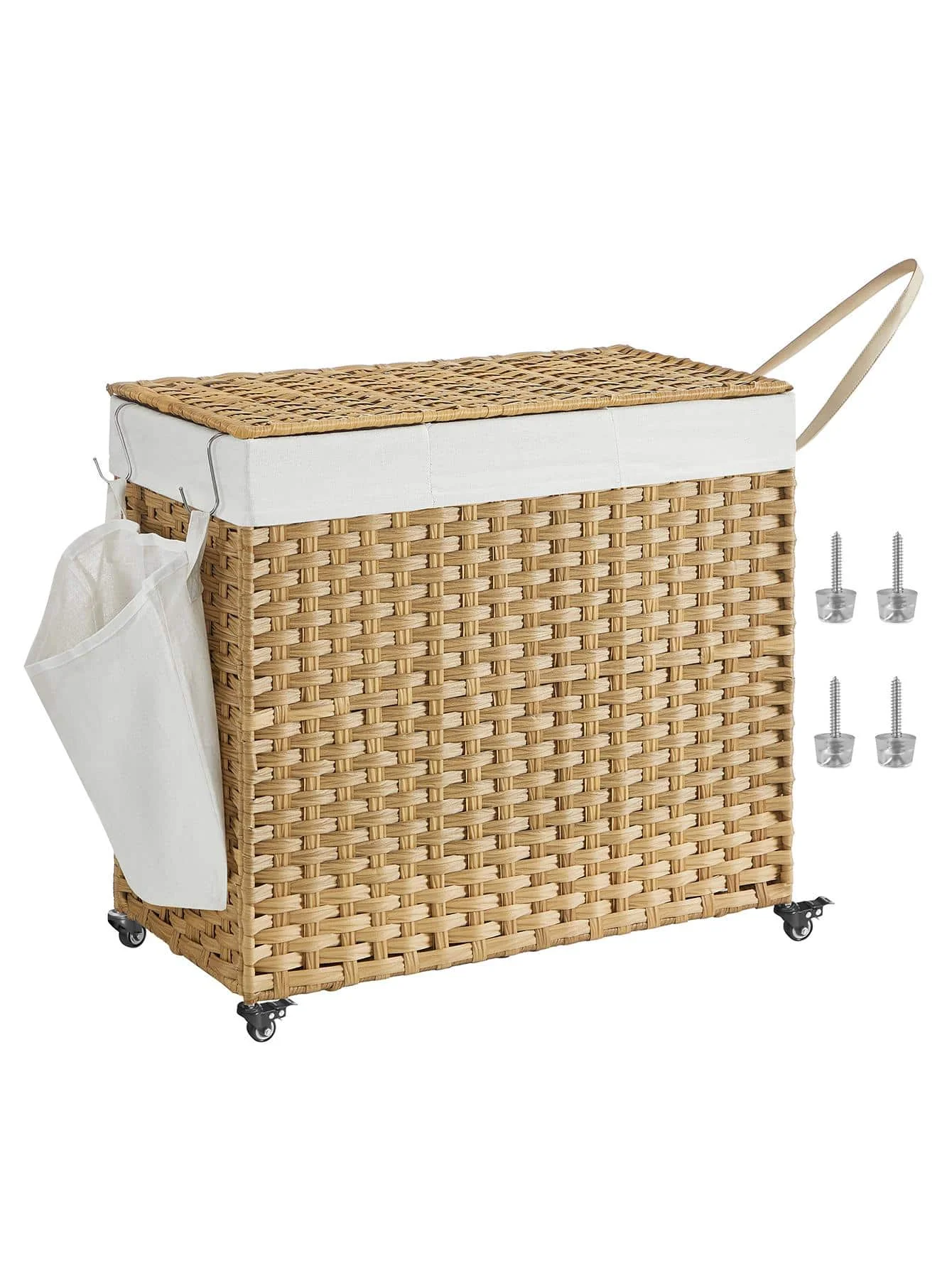 Laundry Hamper With Lid, 42.3 Gallon (160L), Rolling Laundry Basket With Wheels, 3-Section Synthetic Rattan Laundry Hamper, Remo