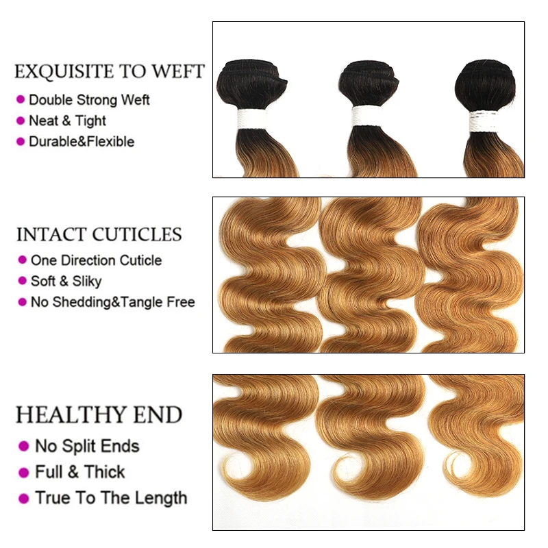 T1B/27 Ombre Brazilian Body Wave Hair Bundles 8-26 Inch Honey Blonde Human Hair Extension 1/3/4 PCS Remy Hair Weave Bundles SOKU