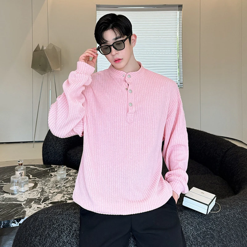 IEFB Korean Style Men's Sweater Casual Weave Button Design Solid Color Round Collar Loose Male Pullover Clothing Simple 9C7391