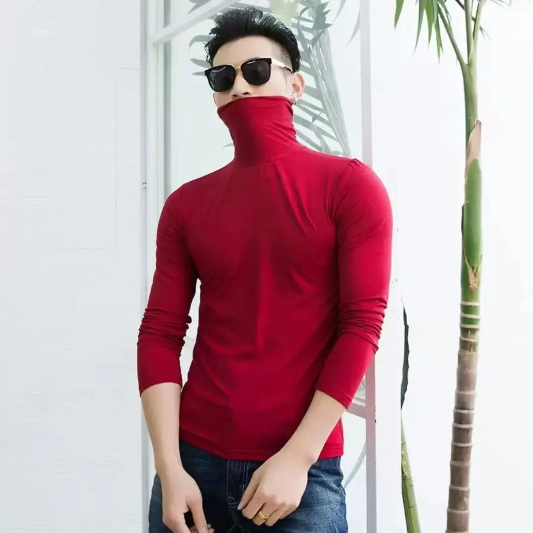 Pure Color Men's Warm Tee with Fleece and Breathable Fabric for Autumn and Winter Casual Turtleneck Undershirt T-Shirt Tops