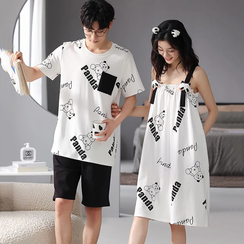 2026 New Summer Couple Short Sleeve 100% Cotton Pajama Sets for Men Cute Sleepwear Women Nightdress Night Dress Homewear Clothes