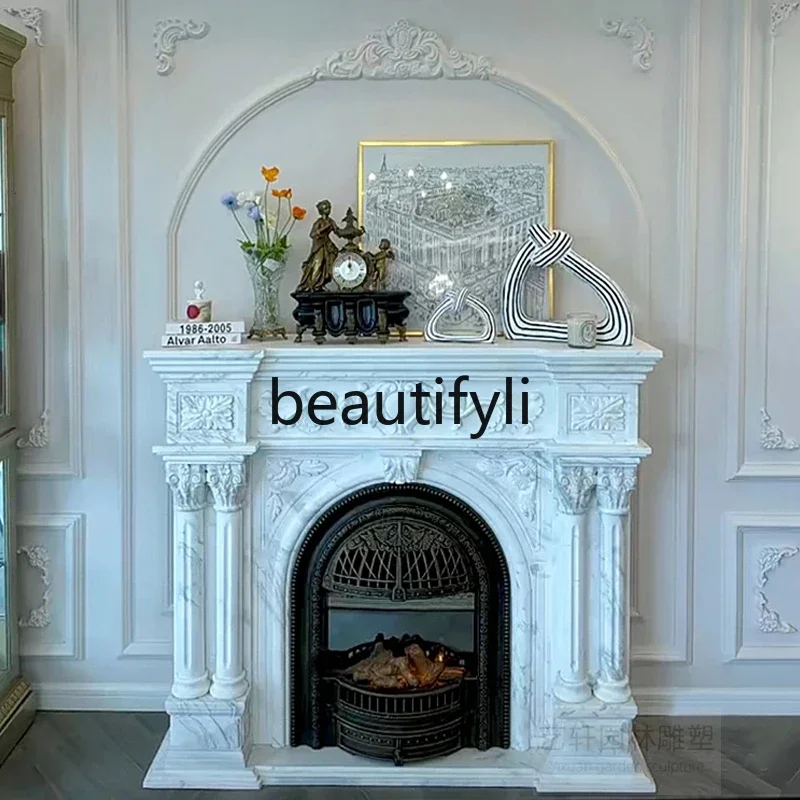 

Marble Fangshan white marble mantel, jazz white French European style, stone carving decorative cabinet customization9344