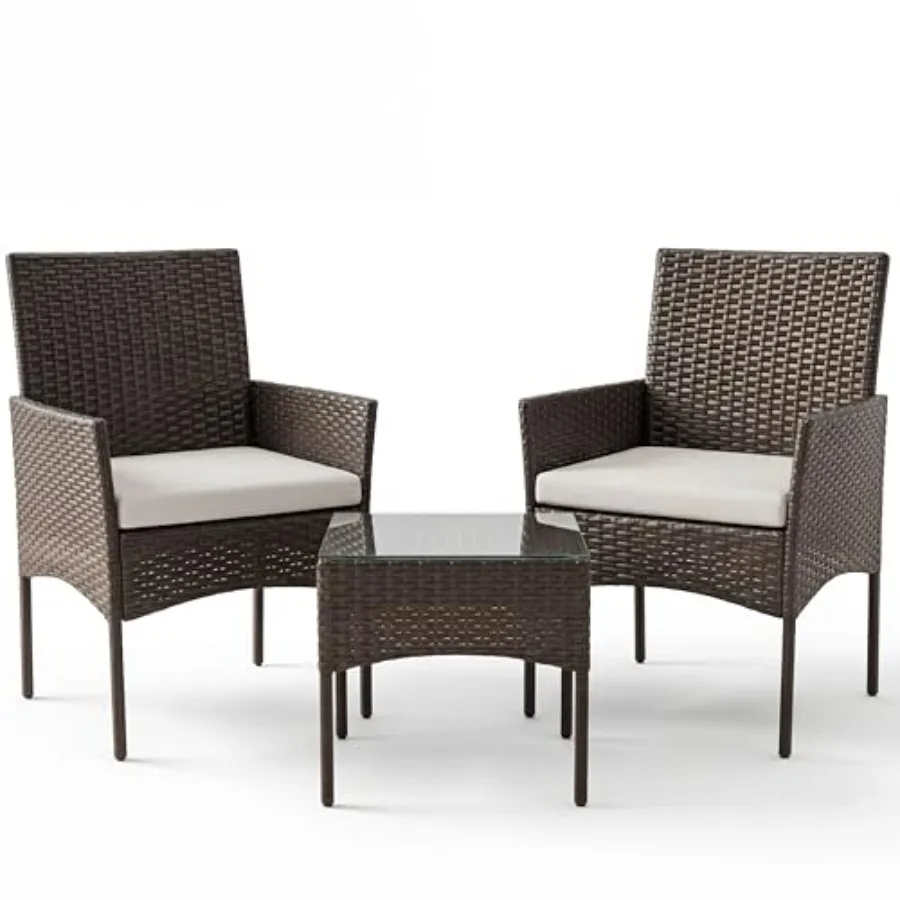 

3 Piece Patio Furniture Set All-Weather Outdoor Wicker Bistro Set with Removable Cushions Tempered Glass Table Small Conversati