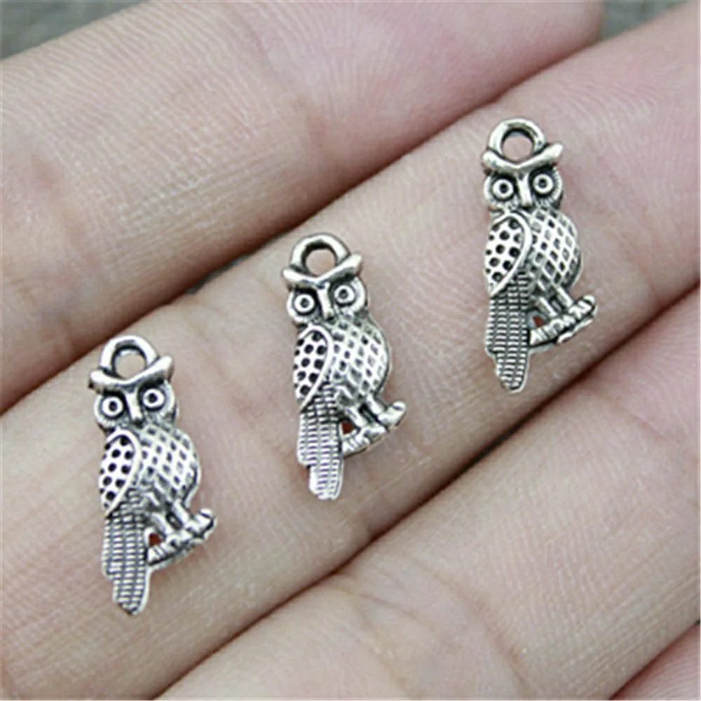 20pcs/lot 16x7mm Owl Charms For Jewelry Making Antique Silver Color 0.63x0.28inch