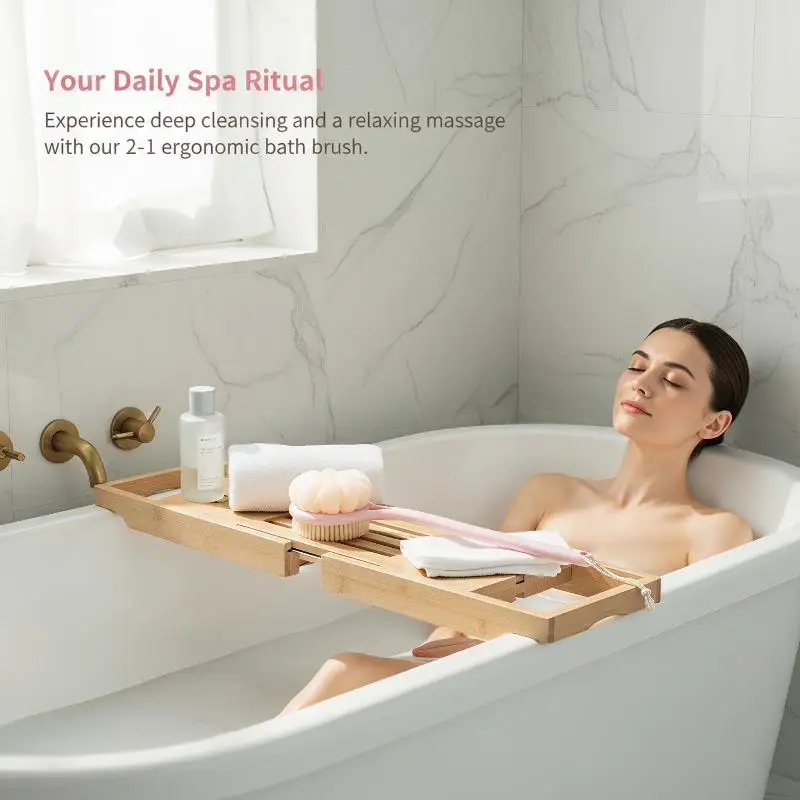 Double Sided Durable Long Handle Bath Brush Nylon Bristle Mesh Puff for Shower Deep Body Exfoliation