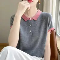 Women's Polo Contrast Color Knitted T-shirts Luxury High Quality Original in Trend 2025 Korean Style Clothing Baggy Female Tee - Image 4