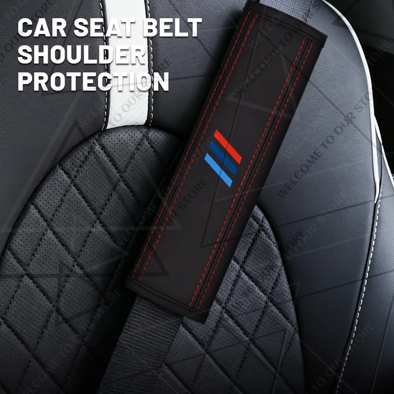 

2Pcs For Tri Color Stripe Sport Emblem Logo E46 E90 E39 E36 E61 E91 E92 E87 Leather Car Safety Belt Shoulder Cover Pads Interior
