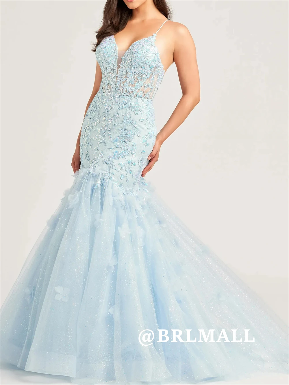

BRLMALL Mermaid Long Dress for Women Sparkle Tulle Spaghetti Straps Evening Dresses Illusion Beaded Lace Appliques Party Gowns